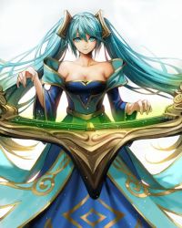 Rule 34 | 1girl, aqua hair, bare shoulders, blue eyes, breasts, cleavage, gradient hair, instrument, komecchi, league of legends, long hair, looking at viewer, multicolored hair, smile, solo, sona (league of legends), twintails, very long hair