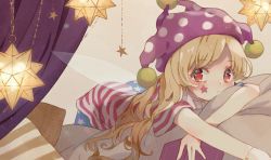 Rule 34 | 1girl, american flag dress, american flag legwear, blonde hair, bracelet, clownpiece, curtains, expressionless, facial mark, fairy wings, hat, highres, indoors, jester cap, jewelry, looking at viewer, lying, nig 18, on stomach, pantyhose, pillow, polka dot, purple hat, red eyes, short sleeves, solo, star (symbol), star print, touhou, transparent wings, wings