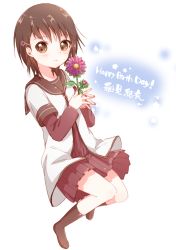 Rule 34 | 1girl, bafarin, blush, brown eyes, brown hair, brown sailor collar, brown socks, character name, collar, dress, english text, floral background, flower, from side, full body, funami yui, hair flower, hair ornament, hairclip, happy birthday, highres, holding, holding flower, invisible chair, kneehighs, layered sleeves, leaf, long sleeves, looking at viewer, name connection, own hands together, pleated dress, purple flower, sailor collar, school uniform, serafuku, shiny clothes, shiny skin, short hair, short over long sleeves, short sleeves, sitting, socks, solo, tsurime, white background, yuru yuri