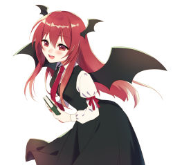 Rule 34 | 1girl, arm garter, bat wings, black dress, blush, book, breasts, commentary request, demon girl, demon wings, dress, eyelashes, head wings, holding, holding book, kirisita, koakuma, long hair, long sleeves, looking at viewer, medium breasts, necktie, one-hour drawing challenge, open mouth, red eyes, red hair, red necktie, ribbon, sidelocks, simple background, solo, standing, touhou, upper body, white background, wings, wrist cuffs