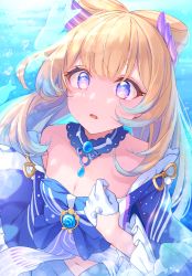 Rule 34 | 1girl, :o, alternate hair color, bare shoulders, blonde hair, blue hair, blunt bangs, bow, bowtie, breasts, bubble, cleavage, detached collar, fish, frilled sleeves, frills, genshin impact, gloves, hair ornament, highres, miyanome, multicolored hair, navel, open mouth, purple eyes, sangonomiya kokomi, shorts, two-tone hair, underwater, water, water drop, white gloves, wide sleeves