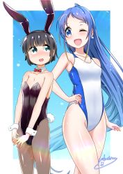 Rule 34 | 1boy, 1girl, admiral (kancolle), alternate costume, animal ears, black hair, black leotard, blue eyes, blue hair, bow, bowtie, breasts, commentary request, commission, competition swimsuit, cowboy shot, crossdressing, detached collar, earrings, gradient hair, green eyes, grey pantyhose, hand on own hip, jewelry, kantai collection, leotard, little boy admiral (kancolle), long hair, male playboy bunny, multicolored hair, one-piece swimsuit, one eye closed, pantyhose, playboy bunny, rabbit ears, rabbit tail, red bow, red bowtie, samidare (kancolle), short hair, skeb commission, small breasts, strapless, strapless leotard, swept bangs, swimsuit, tail, two-tone swimsuit, very long hair, white one-piece swimsuit, wrist cuffs, yokoshima (euphoria)