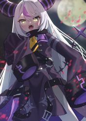 Rule 34 | 1girl, 3xens, black horns, blurry, blurry background, blurry foreground, blush, demon horns, full moon, glowing, glowing eyes, grey hair, highres, hololive, holox, horns, la+ darknesss, long hair, looking at viewer, moon, multicolored hair, necktie, o-ring, open mouth, outdoors, purple hair, sleeves past fingers, sleeves past wrists, smile, solo, streaked hair, striped, striped horns, teeth, upper teeth only, very long hair, virtual youtuber, yellow eyes, yellow necktie