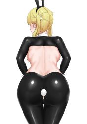 Rule 34 | 1girl, absurdres, animal ears, ass, backboob, blonde hair, blush, breasts, fake animal ears, fake tail, highres, maebari, meme attire, original, rabbit ears, reverse bunnysuit, reverse outfit, shrug (clothing), simple background, solo, tail, tantanmen72, twintails, white background