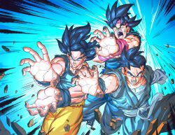 Rule 34 | absurdres, bardock, black eyes, black hair, blue background, energy, family kamehameha, father-son kamehameha, father and son, grandfather and grandson, highres, kamehameha (dragon ball), looking at viewer, nachairo, scar, scar across eye, scar on face, scratches, screaming, son gohan (future), son goku, super dragon ball heroes, tagme, torn clothes, ultra instinct