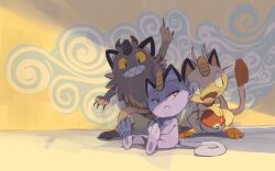 Rule 34 | alolan form, alolan meowth, black eyes, claws, colored sclera, creatures (company), crossed arms, edtropolis, full body, galarian form, galarian meowth, game freak, gen 1 pokemon, gen 7 pokemon, gen 8 pokemon, meowth, nintendo, no humans, open mouth, poke ball, poke ball (basic), pokemon, pokemon (creature), smile, whiskers, yellow sclera