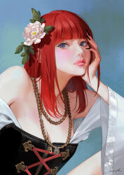 Rule 34 | 1girl, absurdres, bare shoulders, bead necklace, beads, black nails, blue background, blue eyes, blunt bangs, breasts, cleavage, closed mouth, cross-laced clothes, eyelashes, flower, freckles, hair flower, hair ornament, hand on own face, head rest, highres, jewelry, knee up, korean commentary, lipstick, long hair, long sleeves, looking at viewer, makeup, medium breasts, mole, mole on breast, nail polish, necklace, off shoulder, original, osuk2, pink lips, red hair, sideways glance, signature, sitting, solo, straight hair, upper body, white flower, wide sleeves, zipper
