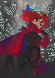 1girl adjusting_clothes akatsuki_records barcode black_gloves blue_bow bodysuit bow breasts building cape city city_lights cloak clothes_writing cowboy_shot fang from_below gloves hair_bow highres latex latex_bodysuit long_sleeves looking_at_viewer open_mouth punidayo red_cape red_eyes red_hair rock_&#039;n&#039;_rock_&#039;n&#039;_beat sekibanki short_hair small_breasts smile solo touhou