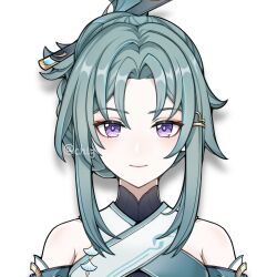 Rule 34 | 1girl, blush, chishahaone, genshin impact, green hair, hair bun, hair ornament, hair stick, highres, madame ping (genshin impact), official style, parted bangs, purple eyes, sidelocks, simple background, smile, solo, white background