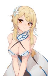 Rule 34 | 1girl, bare shoulders, blonde hair, breasts, brown eyes, cleavage, closed mouth, collarbone, commentary request, dress, flower, genshin impact, hair flower, hair ornament, highres, inniyik, long hair, looking at viewer, lumine (genshin impact), medium breasts, simple background, solo, v arms, white background, white dress, white flower