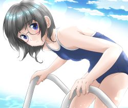 Rule 34 | 1girl, black hair, blue eyes, blue one-piece swimsuit, blue sky, cloud, commentary request, competition school swimsuit, cowboy shot, glasses, looking at viewer, one-piece swimsuit, original, pool ladder, school swimsuit, shigyomusume, short hair, sky, solo, swimsuit