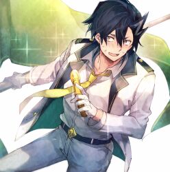 Rule 34 | 1boy, alternate costume, belt, belt buckle, black belt, black hair, buckle, collarbone, collared shirt, fate/grand order, fate (series), flag, gloves, grey eyes, holding, holding microphone, idol, jacket, male focus, mandricardo (fate), microphone, multicolored hair, necktie, open clothes, open jacket, open mouth, pants, shirt, short hair, solo, streaked hair, sweatdrop, tumikilondon5, white gloves, white jacket, white pants, white shirt, yellow necktie