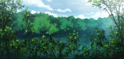 Rule 34 | aoha (twintail), blue sky, cloud, cloudy sky, commentary request, day, forest, green theme, lake, nature, no humans, original, outdoors, scenery, sky, tree