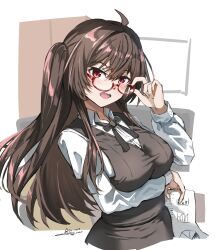 Rule 34 | 1girl, adjusting eyewear, ahoge, arm under breasts, as4gi, azur lane, black hair, black vest, bow, bowtie, collared shirt, dated, glasses, graph (object), hair between eyes, hand on eyewear, highres, holding, holding paper, london (azur lane), london (the sterling secretary) (azur lane), long hair, long sleeves, office lady, official alternate costume, one side up, open mouth, paper, red-framed eyewear, red eyes, semi-rimless eyewear, shirt, signature, sketch, solo, taut clothes, teeth, under-rim eyewear, upper body, upper teeth only, vest, white shirt