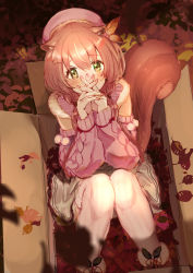 Rule 34 | 1girl, animal ear fluff, animal ears, arm cutout, autumn leaves, ayunda risu, ayunda risu (1st costume), blush, box, brown hair, from above, green eyes, grey skirt, hair ornament, highres, hololive, hololive indonesia, hood, hoodie, in box, in container, interlocked fingers, leaf hair ornament, looking at viewer, low twintails, mochiyuki (gigfor1), nail polish, pink hoodie, pink nails, sitting, skirt, solo, squirrel ears, squirrel girl, thighhighs, twintails, virtual youtuber, white thighhighs