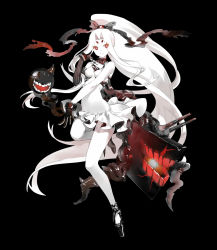 Rule 34 | 10s, 1girl, absurdly long hair, abyssal ship, asymmetrical gloves, criin (659503), dark persona, elbow gloves, full body, gloves, hair ribbon, hatsuharu (kancolle), highres, kantai collection, long hair, machinery, mismatched gloves, monster, pale skin, ponytail, red eyes, ribbon, short eyebrows, simple background, solo, turret, very long hair, white hair