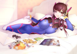 Rule 34 | 1girl, ;p, ;q, animal print, armor, bed, bed sheet, blunt bangs, bodysuit, boots, bracer, breasts, breasts apart, brown eyes, brown hair, computer, controller, cookie, covered navel, d.va (overwatch), eyebrows, eyelashes, facepaint, facial mark, food, full body, game controller, gamepad, gloves, hand on own cheek, hand on own face, head rest, headphones, high collar, highres, laptop, large breasts, legs together, lips, liu lan, long hair, long sleeves, looking at viewer, lying, md5 mismatch, mei (overwatch), on bed, on side, one eye closed, overwatch, overwatch 1, pauldrons, pillow, pilot suit, pink lips, rabbit print, ribbed bodysuit, shoulder armor, shoulder pads, skin tight, smile, snack, solo, thigh boots, thigh strap, thighhighs, tongue, tongue out, tracer (overwatch), turtleneck, whisker markings, white footwear, white gloves, widowmaker (overwatch), window