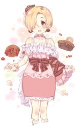 Rule 34 | 1girl, 7010, asymmetrical sleeves, blonde hair, blush, bow, brown eyes, chocolate, cowboy shot, dress, earrings, food-themed hair ornament, frilled sleeves, frills, hair ornament, hair over one eye, hood, hood down, idolmaster, idolmaster cinderella girls, jewelry, looking at viewer, open mouth, r.i.p., shirasaka koume, short hair, sketch, smile, solo, uneven sleeves