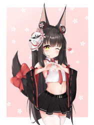 Rule 34 | 1girl, ;), absurdres, animal ear fluff, animal ears, azur lane, bare shoulders, belt, belt buckle, black belt, black hair, black skirt, black sleeves, blush, bow, breasts, buckle, closed mouth, collarbone, collared shirt, crop top, detached sleeves, floral background, flower, fox ears, fox girl, fox mask, fox tail, headset, heart, heart hands, highres, long hair, long sleeves, mask, mask on head, midriff, nagato-chan, nagato (azur lane), navel, necktie, one eye closed, pink background, pink flower, pleated skirt, red bow, red necktie, ribbon-trimmed sleeves, ribbon trim, shirt, skirt, sleeveless, sleeveless shirt, small breasts, smile, solo, sunglasses, tail, tail bow, tail ornament, tail raised, thighhighs, two-tone background, very long hair, white background, white shirt, white thighhighs, wide sleeves, yellow eyes