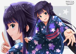Rule 34 | 1girl, absurdres, artist name, black hair, blue eyes, border, bow, cherry blossom print, cowboy shot, dated, floral print, from side, grey background, hair bow, hair ornament, highres, idolmaster, idolmaster million live!, idolmaster million live! theater days, japanese clothes, kimono, long hair, looking at viewer, mogami shizuka, multiple views, obi, open mouth, outstretched arm, outstretched hand, pointing, pointing up, sash, sidelocks, simple background, smile, star (symbol), takatsuki p, yukata