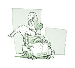 Rule 34 | 1girl, armband, bmw, cabbie hat, car, choker, closed eyes, company name, gloves, green theme, hairband, hat, high heels, highres, long hair, looking up, monochrome, motor vehicle, on vehicle, sitting, solo, trigger (company), vehicle, yoshinari you