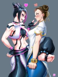 Rule 34 | 2girls, anger vein, black hair, blue pants, blush, bracelet, breasts, brown eyes, brown hair, capcom, chun-li, cleavage, collar, double bun, earrings, eye contact, eyeshadow, feet, finalcake, fingerless gloves, glaring, gloves, hair bun, hair horns, hair ribbon, han juri, hand on another&#039;s chin, heart, highres, jewelry, large breasts, leg lock, licking lips, looking at another, makeup, multicolored hair, multiple girls, navel, pants, pearl earrings, purple eyes, purple hair, purple lips, ribbon, short sleeves, simple background, sleeveless, smile, spiked anklet, spiked bracelet, spiked collar, spikes, stomach, streaked hair, street fighter, street fighter 6, sweatdrop, tight clothes, tight pants, toes, toned, tongue, tongue out, underboob, yuri