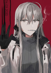 Rule 34 | 1girl, against fourth wall, black gloves, black ribbon, chihuri, cigarette, dated, drawstring, gloves, grey eyes, grey hair, grey sweater, hair between eyes, hair ribbon, hand up, highres, jacket, long hair, long sleeves, looking at viewer, mouth hold, open clothes, open jacket, original, red background, ribbed sweater, ribbon, smoke, smoking, solo, sweater, turtleneck, turtleneck sweater, upper body, white jacket, zoya petrovna vecheslova