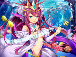 Rule 34 | 1girl, bad id, bad pixiv id, bare shoulders, conductor baton, blue eyes, bracelet, breasts, elbow gloves, fish, frills, gloves, headdress, jewelry, long hair, lots of jewelry, mermaid, monster girl, musical note, navel, open mouth, pn2 maru, purple hair, puzzle &amp; dragons, siren (p&amp;d), smile, solo, tail, underwater