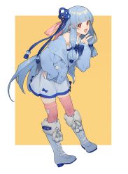 Rule 34 | 1girl, aqua nails, blue cardigan, blue footwear, blue hair, blunt bangs, blush, boots, cardigan, commentary request, dress, full body, fur-trimmed boots, fur trim, hair ornament, hair ribbon, hairclip, hand on own hip, highres, knee boots, kotonoha aoi, leaning forward, long hair, long sleeves, looking at viewer, nail polish, open cardigan, open clothes, open mouth, pink thighhighs, pom pom (clothes), red eyes, ribbon, shirinda fureiru, sidelocks, simple background, solo, thighhighs, v, very long hair, voiceroid