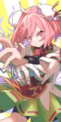 Rule 34 | 1girl, :/, alt text, bandaged arm, bandages, bike shorts, blouse, bun cover, chain, commentary, double bun, fighting stance, flower, flower ornament, green skirt, hair bun, hair ribbon, highres, ibaraki kasen, looking at viewer, pink eyes, pink hair, red flower, red ribbon, red rose, red tabard, ribbon, rose, shirt, short hair, short sleeves, skirt, solo, tabard, touhou, umi painter, white shirt, x arms