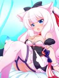 Rule 34 | 1girl, american flag, american flag print, animal ears, apron, arm support, armpits, azur lane, bare shoulders, bed sheet, bedroom, black bow, black dress, blue eyes, blush, bow, breast suppress, breasts, cat ears, cat girl, choker, cleavage, collarbone, commentary request, cross-laced clothes, curtains, d:, detached sleeves, dot nose, dress, dress bow, eyelashes, fang, feet out of frame, fingernails, flag print, frilled dress, frills, garter straps, hair ribbon, half-closed eyes, hammann (azur lane), hand up, indoors, knees up, long hair, looking at viewer, maid apron, maid headdress, medium breasts, no shoes, oborotsuki kakeru, on bed, one side up, open mouth, panties, pantyshot, print bow, puffy short sleeves, puffy sleeves, red bow, red choker, red ribbon, ribbon, short dress, short sleeves, sideboob, sidelocks, sitting, solo, thighhighs, underbust, underwear, v-shaped eyebrows, very long hair, waist apron, wavy hair, white apron, white hair, white panties, white thighhighs, wrist cuffs
