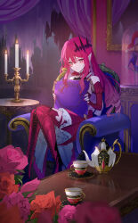 Rule 34 | 00kashian00, 1girl, absurdres, baobhan sith (fate), baobhan sith (first ascension) (fate), bare shoulders, blush, boots, candle, candlestand, chair, closed mouth, cup, detached sleeves, dress, fate/grand order, fate (series), flower, frilled dress, frills, full body, grey eyes, hair ornament, high heels, highres, holding, holding pillow, indoors, long hair, looking at viewer, nail polish, pillow, pink flower, pink hair, pointy ears, red dress, red flower, red footwear, red nails, sidelocks, sitting, solo, table, teacup, teapot, thigh boots