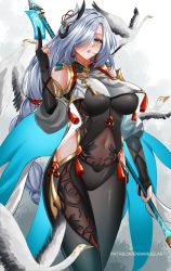 Rule 34 | 1girl, bird, blue eyes, bodysuit, braid, breast curtains, breasts, clothing cutout, covered navel, cowboy shot, earrings, enma (enmanuelart), gauntlets, genshin impact, gloves, glowing, gold trim, hair ornament, hair over one eye, hand up, highres, hip vent, holding charm, jewelry, knees out of frame, long hair, looking at viewer, low-braided long hair, low-tied long hair, medium breasts, nail polish, parted lips, partially fingerless gloves, patreon username, puffy sleeves, shenhe (genshin impact), silver hair, simple background, solo, swan, tassel, tassel earrings, thighs