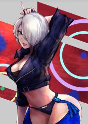 Rule 34 | 1girl, angel (kof), arms up, blue eyes, bra, breasts, cropped jacket, horns pose, fingerless gloves, gloves, hair over one eye, highres, horns pose, index fingers raised, jacket, large breasts, leather, leather jacket, snk, solo, strapless, strapless bra, the king of fighters, the king of fighters 2001, the king of fighters xiv, the king of fighters xv, toned, tongue, tongue out, underwear, white hair, yuu (primenumber7)