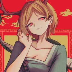 Rule 34 | 1girl, absurdres, antlers, blonde hair, blue shirt, collarbone, dragon girl, dragon horns, dragon tail, earrings, highres, horns, jewelry, kicchou yachie, looking at viewer, mesuosushi, pointy ears, red eyes, shirt, short hair, square neckline, tail, touhou, turtle shell