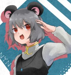 Rule 34 | 1girl, animal ears, capelet, character name, commentary request, cookie (touhou), crystal, dare who zzzz, drop shadow, grey hair, grey vest, jewelry, long sleeves, looking to the side, mouse ears, mouse girl, nazrin, nyon (cookie), open mouth, pendant, red eyes, shirt, short hair, smile, solo, touhou, upper body, vest, white capelet, white shirt