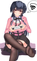 Rule 34 | 1girl, absurdres, angry, annoyed, asm ln, black hair, black ribbon, black skirt, black thighhighs, blunt bangs, blurry, blurry foreground, blush, breasts, brown eyes, clenched teeth, controller, dualsense, frills, highres, holding, holding controller, idolmaster, idolmaster shiny colors, long hair, long sleeves, mayuzumi fuyuko, no shoes, pink shirt, playstation controller, ribbon, shirt, simple background, sitting, skirt, soles, solo, squiggle, teeth, thighhighs, thighs, thought bubble, two side up, white background, zettai ryouiki