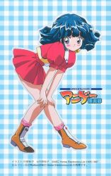 Rule 34 | 1990s (style), 1girl, blue eyes, blue hair, blush, boots, copyright notice, full body, hands on own knees, hunched over, logo, miniskirt, official art, outline, plaid, plaid background, puffy sleeves, red skirt, retro artstyle, rolfee, scan, short sleeves, skirt, smile, solo, tadano kazuko, tonari no princess rolfee