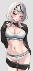 Rule 34 | 1girl, absurdres, ajirou, black hair, black shirt, black shorts, blush, bra, braid, breasts, cleavage, clothes lift, clothes pull, cowboy shot, ear piercing, grey hair, hair ornament, highres, hololive, large breasts, long sleeves, looking at viewer, multicolored hair, nail polish, navel, panties, parted lips, piercing, red eyes, red nails, sakamata chloe, shirt, shirt lift, short shorts, shorts, shorts pull, simple background, sleeves past wrists, solo, standing, steam, weasel ears, stomach, streaked hair, underwear, virtual youtuber, white background, white bra, white panties, x hair ornament