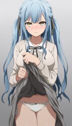 Rule 34 | 1girl, bang dream!, bang dream! it&#039;s mygo!!!!!, black ribbon, blue bow, blue hair, blunt bangs, blush, bow, bow panties, braid, breasts, buttons, clothes lift, collarbone, commentary, cowboy shot, gradient background, grey background, grey shirt, grey skirt, groin, hair ribbon, hands up, high-waist skirt, highres, large breasts, lifting own clothes, long hair, long sleeves, looking at viewer, neck ribbon, nose blush, noshimurin, panties, parted lips, plaid, plaid skirt, pleated skirt, ribbon, shirt, sidelocks, skirt, skirt lift, solo, standing, striped ribbon, sweatdrop, thigh gap, togawa sakiko, twin braids, two side up, underwear, v-shaped eyebrows, very long hair, wavy hair, white panties, yellow eyes