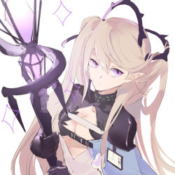 Rule 34 | 1girl, arknights, black gloves, breasts, brown hair, closed mouth, dress, e-bushi, female focus, gloves, highres, holding, holding staff, indigo (arknights), long hair, looking at viewer, purple eyes, simple background, small breasts, solo, sparkle, staff, twintails, uneven eyes, upper body, very long hair, white background, white dress