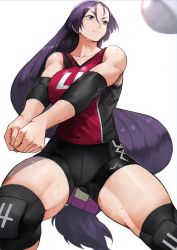 Rule 34 | 1girl, absurdres, ball, bare shoulders, breasts, elbow pads, fate/grand order, fate (series), highres, knee pads, large breasts, long hair, low-tied long hair, minamoto no raikou (fate), parted bangs, purple eyes, purple hair, solo, sportswear, thighs, very long hair, volleyball, volleyball (object), volleyball uniform, yoshio (55level)