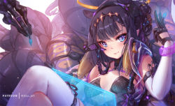 Rule 34 | 1girl, artist name, bad id, bad pixiv id, bare shoulders, black gloves, black hair, blue eyes, blunt bangs, blush, bracelet, breasts, closed mouth, commentary request, crossed legs, detached sleeves, gloves, glowing, holding, holding pen, holographic touchscreen, hololive, hololive english, jewelry, long sleeves, looking at viewer, mitsu (mitsu art), mole, mole under eye, multicolored hair, ninomae ina&#039;nis, ninomae ina&#039;nis (1st costume), orange hair, pen, pointy ears, purple hair, revealing clothes, see-through, single thighhigh, sitting, small breasts, smile, solo, tentacles, thighhighs, virtual youtuber, white thighhighs
