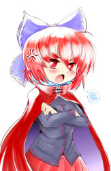 Rule 34 | 1girl, anger vein, angry, blush, bow, cape, commentary, crossed arms, disembodied head, draw-till-death, hair bow, highres, long sleeves, looking at viewer, open mouth, red eyes, red hair, sekibanki, short hair, simple background, solo, spoken squiggle, squiggle, touhou, white background