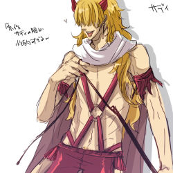 Rule 34 | 1boy, blonde hair, cape, chaps, earrings, genderswap, genderswap (ftm), hair over eyes, horns, impel down, jewelry, male focus, one piece, sadi-chan, topless male, solo, whip, white background