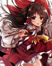 Rule 34 | 1girl, :d, bad id, bad pixiv id, blush, bow, brown hair, chromatic aberration, commentary request, detached sleeves, frilled shirt collar, frilled skirt, frilled sleeves, frills, gohei, hair bow, hair tubes, hakurei reimu, long hair, long sleeves, looking at viewer, nontraditional miko, open mouth, red bow, red eyes, red shirt, red skirt, shirt, skirt, skirt set, sleeveless, sleeveless shirt, smile, solo, touhou, uguisu mochi (ykss35), very long hair, wide sleeves