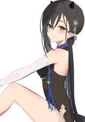 Rule 34 | 1girl, absurdres, arknights, bare shoulders, binware, black hair, black one-piece swimsuit, blacknight (arknights), blacknight (summer flower) (arknights), blue hair, blush, brown eyes, casual one-piece swimsuit, closed mouth, elbow gloves, feet out of frame, from side, gloves, highres, horns, knees up, long hair, looking at viewer, looking to the side, multicolored hair, official alternate costume, one-piece swimsuit, pointy ears, sitting, smile, solo, swimsuit, two-tone hair, very long hair, white gloves