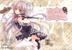 Rule 34 | absurdres, ahoge, arms behind back, back bow, black bow, black dress, black footwear, blush, bow, breasts, checkered bow, checkered clothes, checkered dress, copyright name, crease, cross-laced clothes, cross-laced dress, crowbar, dress, fingernails, frilled dress, frills, from behind, green eyes, grey hair, hair between eyes, hair spread out, haiyore! nyaruko-san, happy, head tilt, high heels, highres, holding, holding crowbar, huge ahoge, long hair, looking at viewer, looking back, medium breasts, nyarlathotep (nyaruko-san), open mouth, panties, puffy short sleeves, puffy sleeves, scan, shirt, short sleeves, sidelocks, smile, sparkle, standing, standing on one leg, tatekawa mako, teeth, thighhighs, underwear, upper teeth only, upskirt, v-shaped eyebrows, very long hair, white panties, white shirt, white thighhighs