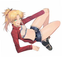Rule 34 | 1girl, absurdres, arm support, bandeau, blonde hair, boots, breasts, denim, denim shorts, fate/grand order, fate (series), green eyes, groin, hand on own knee, highres, jacket, looking at viewer, mordred (fate), mordred (fate/apocrypha), mordred (memories at trifas) (fate), navel, ponytail, reclining, red jacket, red scrunchie, scrunchie, shorts, small breasts, smile, solo, white background, yorukun