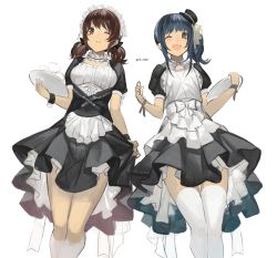 Rule 34 | 2girls, apron, bare legs, blue hair, blush, bow, breasts, brown eyes, brown hair, choker, dated, frilled apron, frilled choker, frilled skirt, frills, hair bow, hair ribbon, hat, holding, holding clothes, holding skirt, holding tray, looking at viewer, low twintails, maid, maid headdress, medium breasts, mini hat, multiple girls, one eye closed, open mouth, original, parted lips, puffy short sleeves, puffy sleeves, rayvon, ribbon, short sleeves, side ponytail, sidelocks, simple background, skirt, smile, thighhighs, tray, twintails, white background, white legwear, wrist cuffs, wrist ribbon